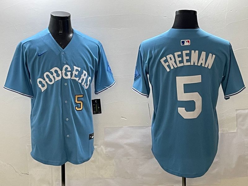 Men Los Angeles Dodgers #5 Freeman Light Blue Throwback Game 2025 Nike MLB Jersey style 21